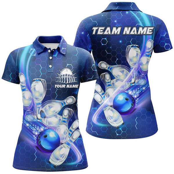 Women bowling polo shirts Custom blue light bowling ball pins hexagon pattern Bowling Team Jersey NQS6639