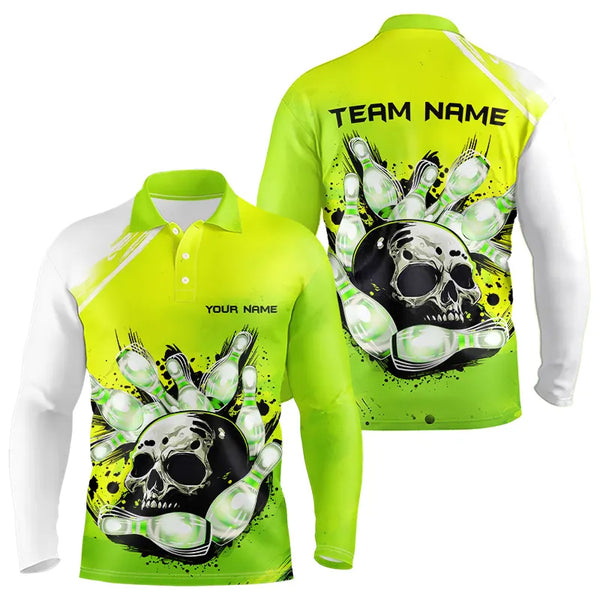 Green Skull Bowling Ball and Pins Bowling Polo, Quarter Zip Shirts for Men Custom Team Bowling Jerseys NQS9211