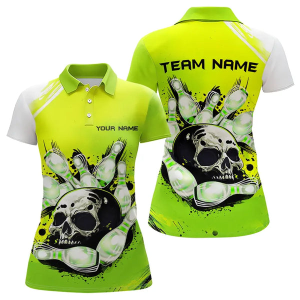 Green Skull Bowling Ball and Pins Bowling Polo, Quarter Zip Shirt for Women Custom Team Bowling Jersey NQS9211