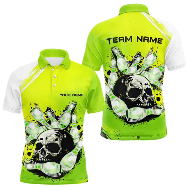 Green Skull Bowling Ball and Pins Bowling Polo, Quarter Zip Shirts for Men Custom Team Bowling Jerseys NQS9211