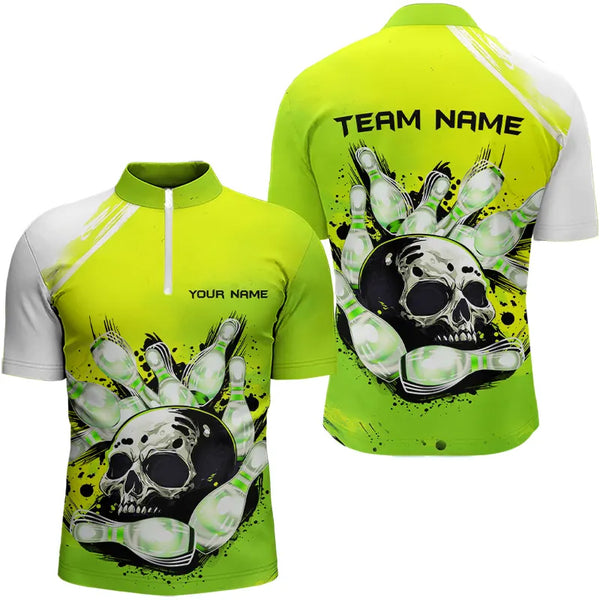 Green Skull Bowling Ball and Pins Bowling Polo, Quarter Zip Shirts for Men Custom Team Bowling Jerseys NQS9211