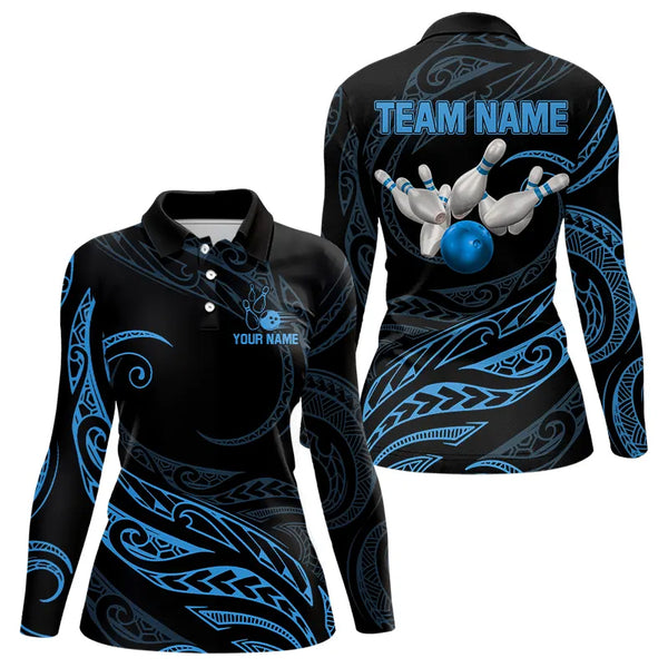 Black and Blue Tribal Pattern Bowling Polo, Quarter Zip shirts For Women Custom Team Bowling Jerseys NQS9213