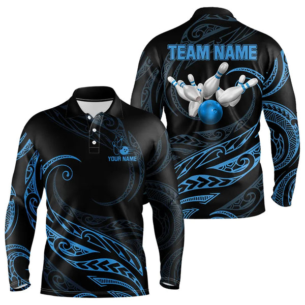 Black and Blue Tribal Pattern Bowling Polo, Quarter Zip shirts For Men Custom Team Bowling Jerseys NQS9213