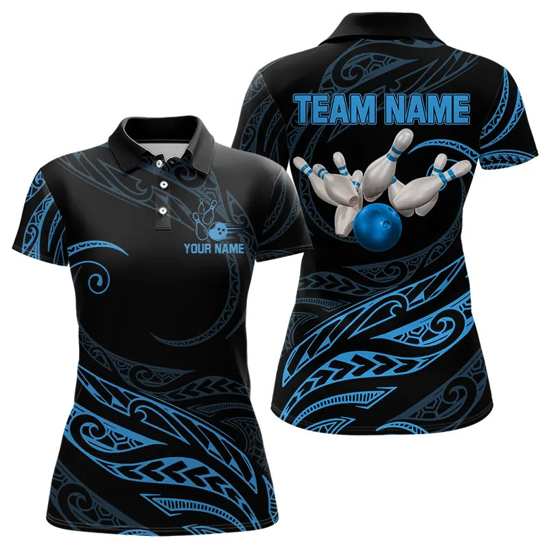 Black and Blue Tribal Pattern Bowling Polo, Quarter Zip shirts For Women Custom Team Bowling Jerseys NQS9213