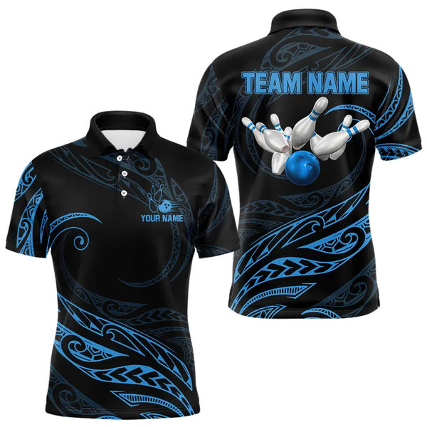 Black and Blue Tribal Pattern Bowling Polo, Quarter Zip shirts For Men Custom Team Bowling Jerseys NQS9213