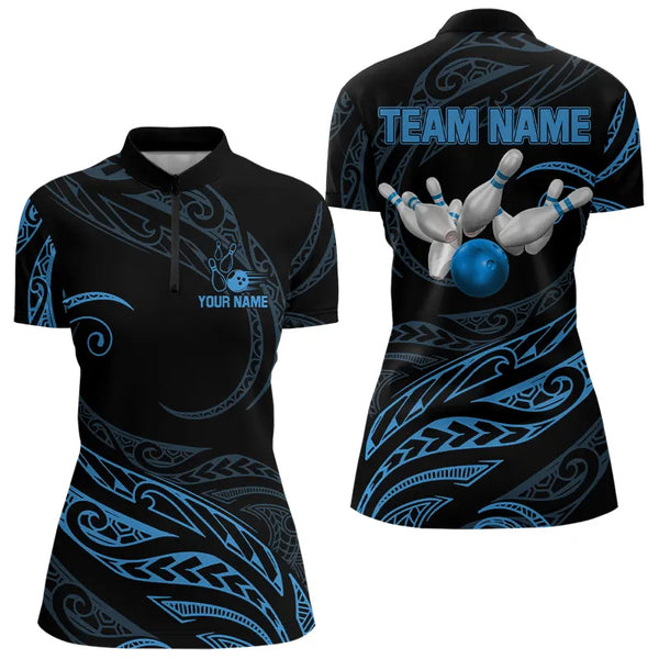 Black and Blue Tribal Pattern Bowling Polo, Quarter Zip shirts For Women Custom Team Bowling Jerseys NQS9213