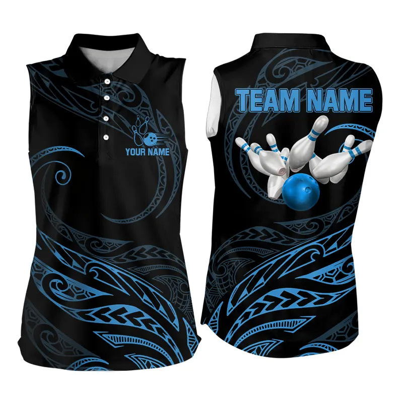 Black and Blue Tribal Pattern Bowling Sleeveless Polo Shirt For Women Custom Team Bowling Jerseys NQS9213