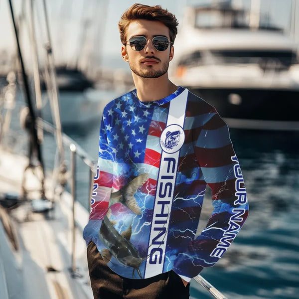 American flag Catfish lightning Long Sleeve Fishing Shirts custom Patriotic Catfish fishing jerseys NQS9560