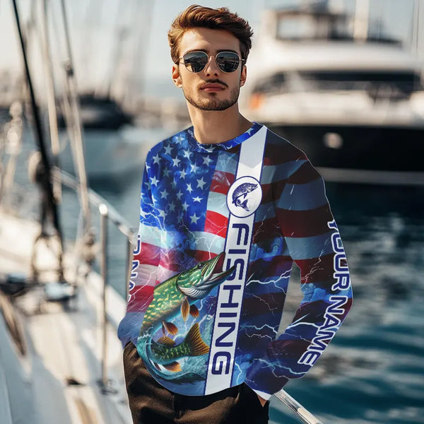 American Flag Northern Pike lightning Long Sleeve Fishing Shirts custom Patriotic Pike fishing jerseys NQS9562