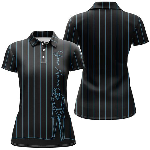 Personalized golf polo shirt for women custom blue stripes black golf tops womens, golf gift for girl NQS7308