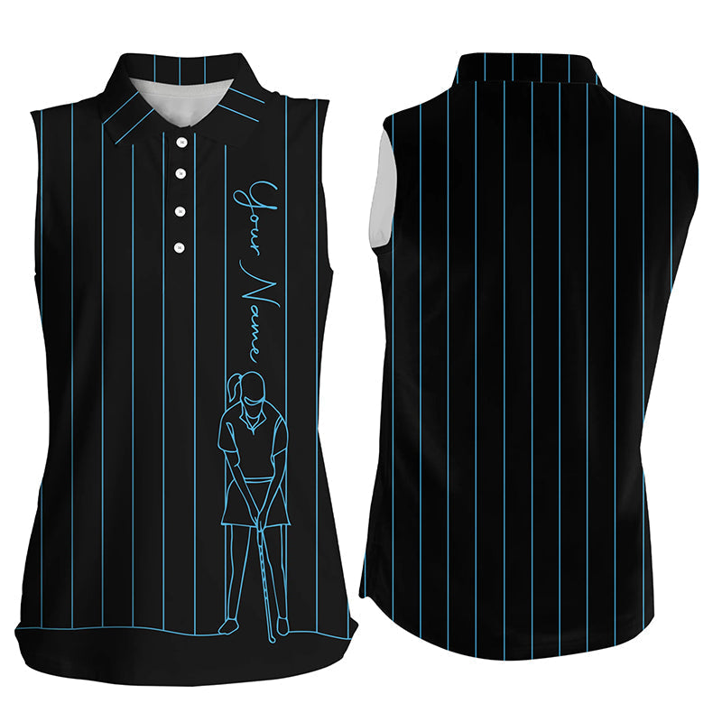 Personalized golf sleeveless polo shirt for women custom blue stripes black golf tops gifts for girl NQS7308