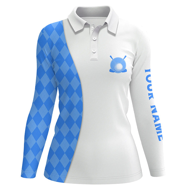 White Womens golf polo shirts custom blue argyle plaid pattern golf tops, ladies golf tops NQS7644