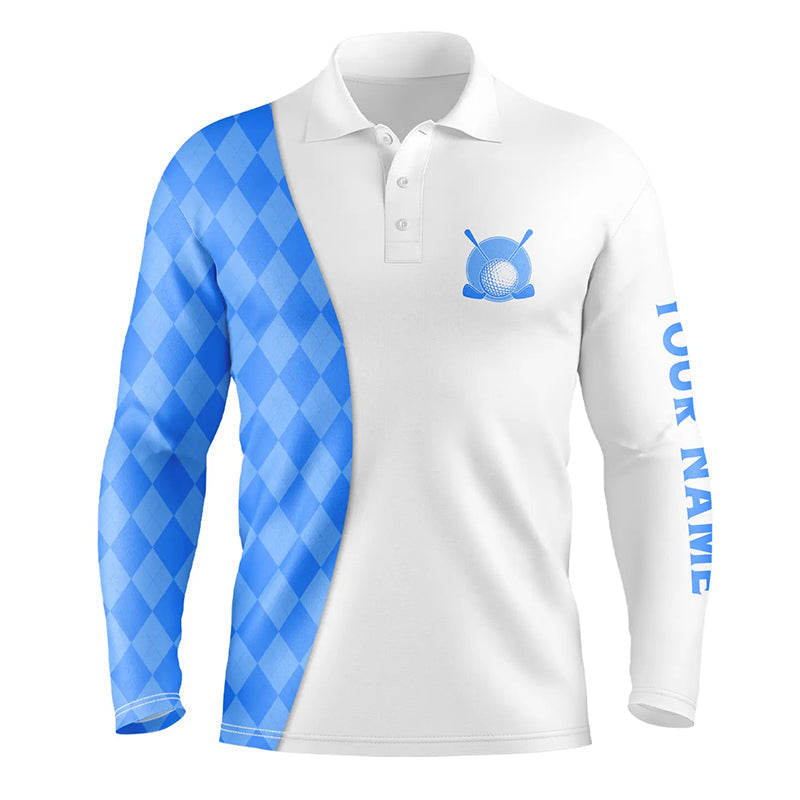 White Mens golf polo shirts custom blue argyle plaid pattern golf tops, best mens golf wear NQS7644