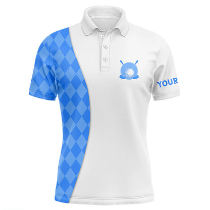 White Mens golf polo shirts custom blue argyle plaid pattern golf tops, best mens golf wear NQS7644