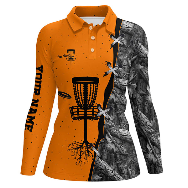 Women disc golf polo shirt black camo disc golf hole custom disc golf team shirt | Orange NQS6416