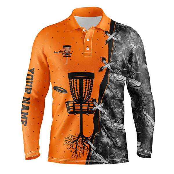 Mens disc golf polo shirt black camo disc golf hole custom disc golf team shirt | Orange NQS6416