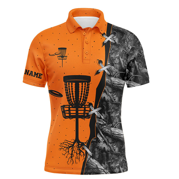 Mens disc golf polo shirt black camo disc golf hole custom disc golf team shirt | Orange NQS6416