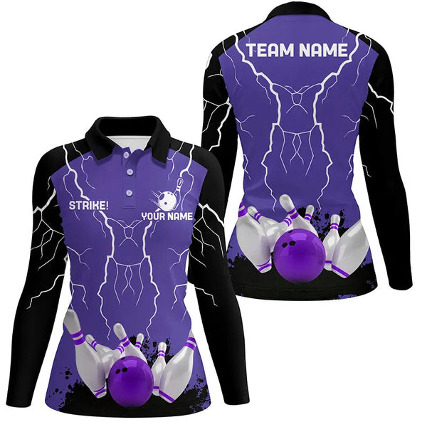Women bowling polo shirt Custom bowling strike lightning storm thunder team league jersey | Purple NQS6645