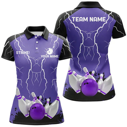 Women bowling polo shirt Custom bowling strike lightning storm thunder team league jersey | Purple NQS6645