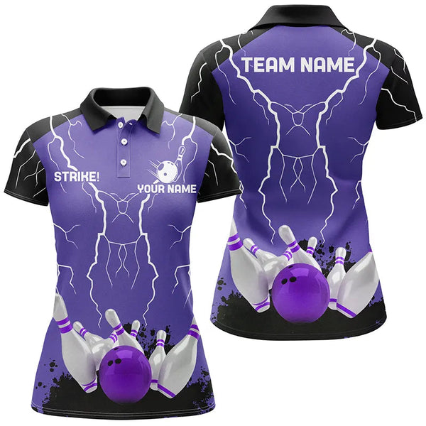 Women bowling polo shirt Custom bowling strike lightning storm thunder team league jersey | Purple NQS6645