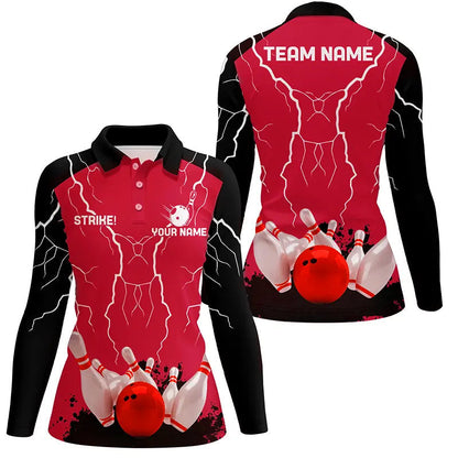 Women bowling polo shirt Custom bowling strike lightning storm thunder team league jersey | Red NQS6646
