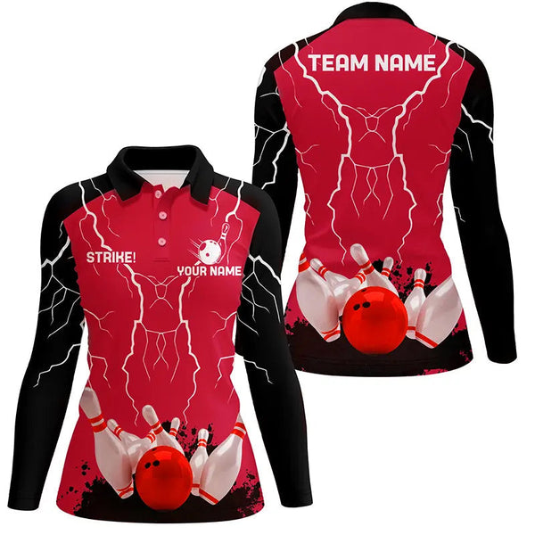Women bowling polo shirt Custom bowling strike lightning storm thunder team league jersey | Red NQS6646