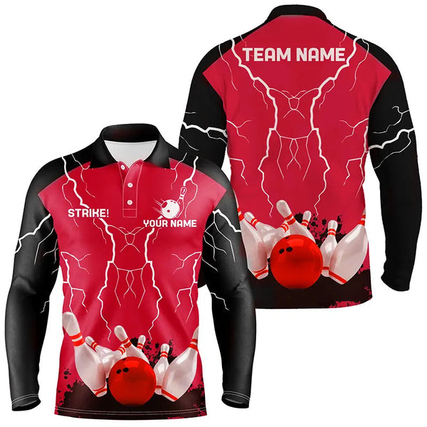 Mens polo bowling shirt Custom bowling strike lightning storm thunder team league jersey | Red NQS6646