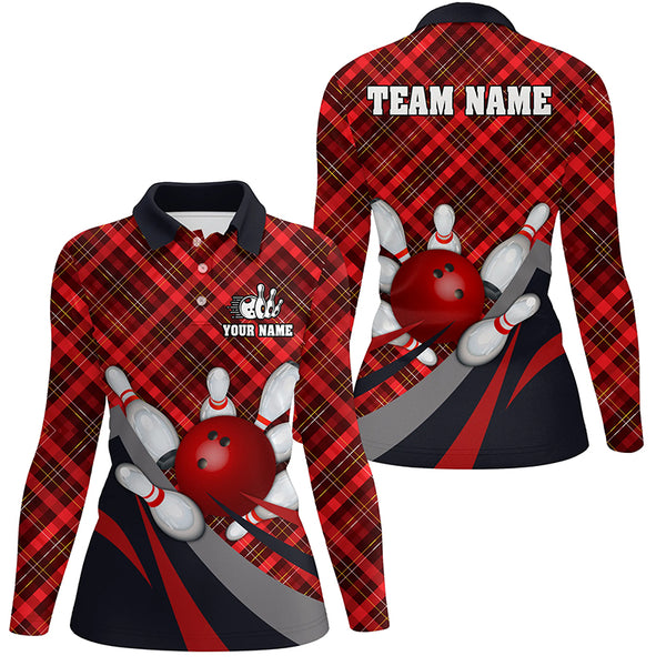 Red Plaid Christmas pattern Bowling shirts For Women Custom Team Bowling Jerseys Xmas Gift For Bowlers NQS8983