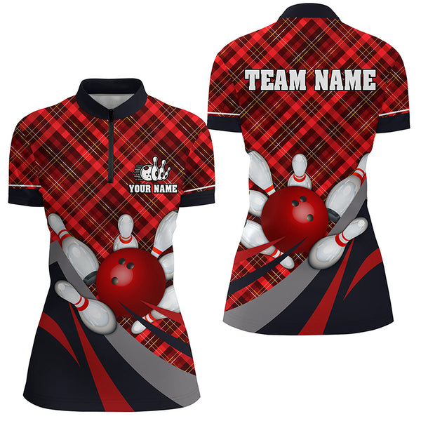 Red Plaid Christmas pattern Bowling shirts For Women Custom Team Bowling Jerseys Xmas Gift For Bowlers NQS8983