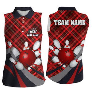 Red Plaid Christmas pattern Bowling Sleeveless Polo shirt Custom Team Bowling Jersey Xmas Gifts NQS8983