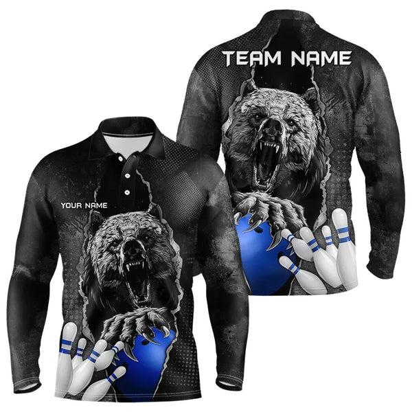 Black Bear grunge pattern Custom Men Bowling Polo, 1/4 Zip Shirts Bowling Team Jerseys Outfits | Blue NQS9407