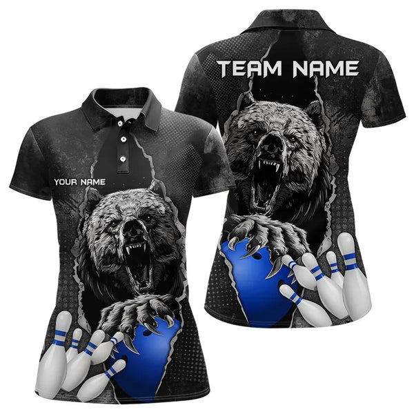Black Bear grunge pattern Custom Women Bowling Polo, 1/4 Zip Shirt Bowling Team Jerseys Outfits | Blue NQS9407