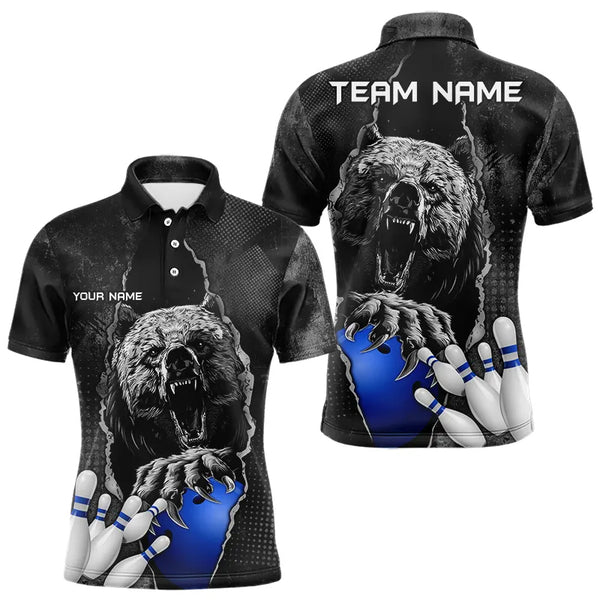 Black Bear grunge pattern Custom Men Bowling Polo, 1/4 Zip Shirts Bowling Team Jerseys Outfits | Blue NQS9407