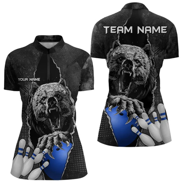 Black Bear grunge pattern Custom Women Bowling Polo, 1/4 Zip Shirt Bowling Team Jerseys Outfits | Blue NQS9407