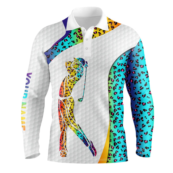 Personalized rainbow neon leopard golf white mens golf polo shirts custom name golf gifts for men NQS4977