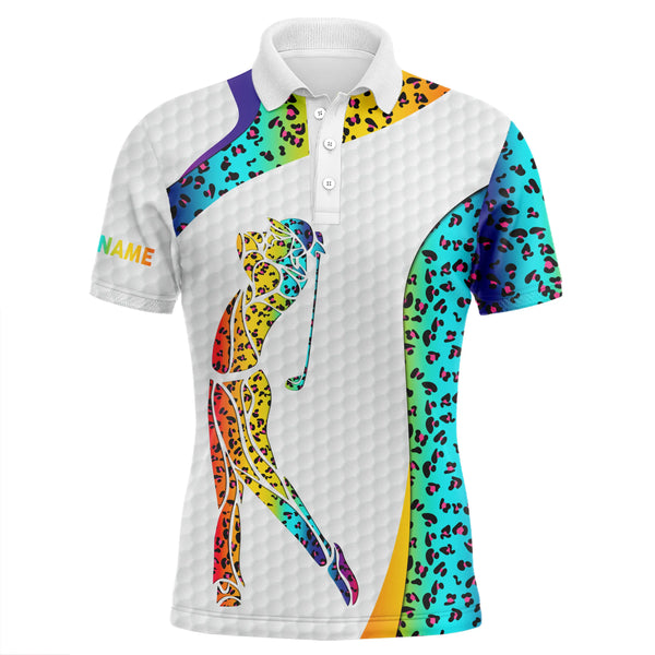 Personalized rainbow neon leopard golf white mens golf polo shirts custom name golf gifts for men NQS4977