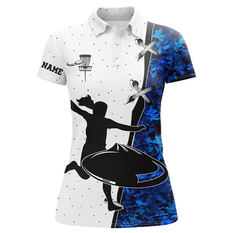 Womens disc golf polo shirts custom name blue camouflage disc golf team shirts, disc golf gifts NQS7311