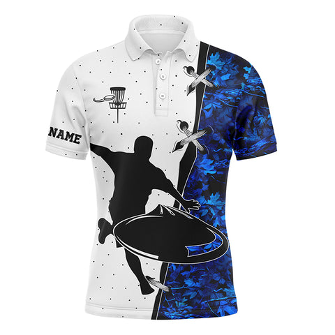 Mens disc golf polo shirt blue camouflage custom name disc golf team shirt, disc golf gifts NQS7311