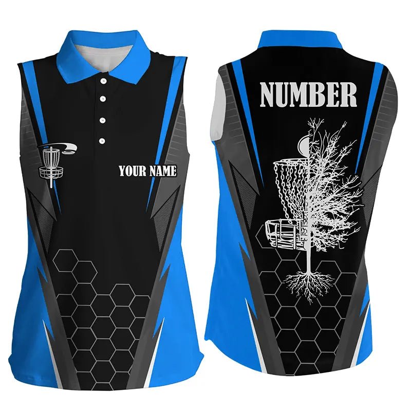 Womens disc golf sleeveless polo shirt custom disc golf shirt, disc basket gifts | Blue NQS7496
