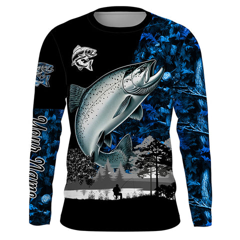 Chinook Salmon( King Salmon) Fishing blue camo Customize name UV protection performance fishing shirts NQS1987