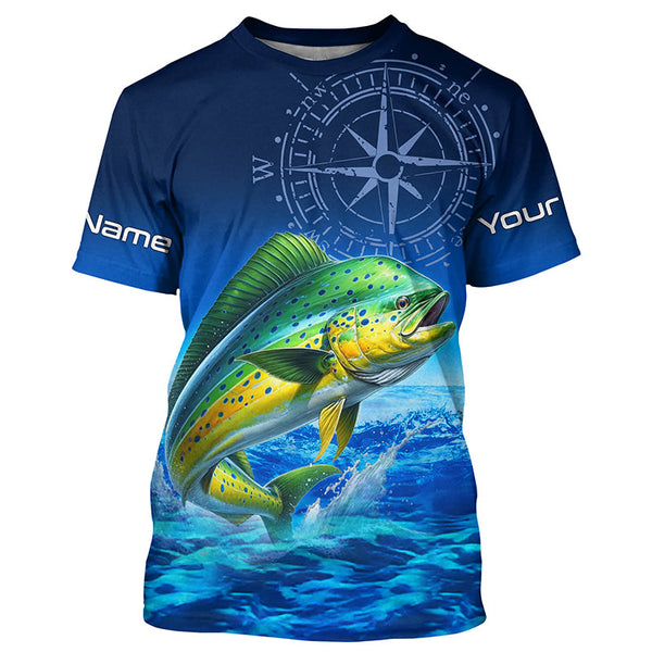 Personalized Mahi mahi Saltwater Blue Long Sleeve Performance Fishing Shirts, Dorado tournament Shirt NQS5785