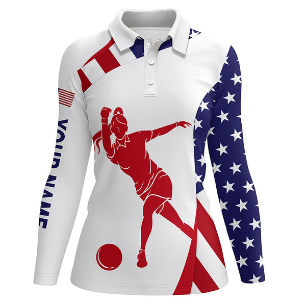 Personalized Bowling Shirt for women Custom American flag patriotic Bowler Jersey polo shirt NQS6422