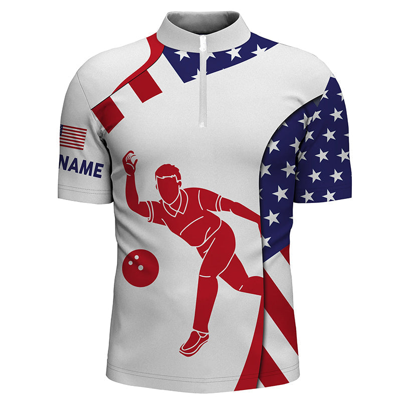 Personalized Bowling Shirt for men Custom American flag patriotic Bowler Jersey Quarter Zip Shirt NQS6422