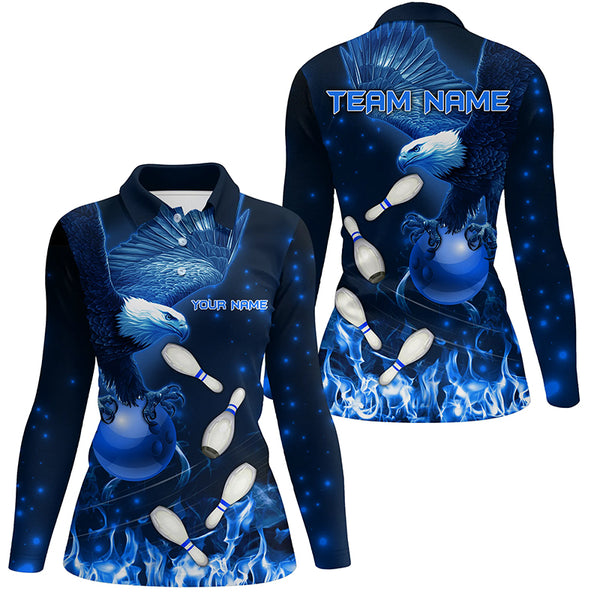 Blue Flame Eagle Bowling Polo, Quarter zip shirts For Women Custom Blue Fire Team Bowling Jerseys NQS8988