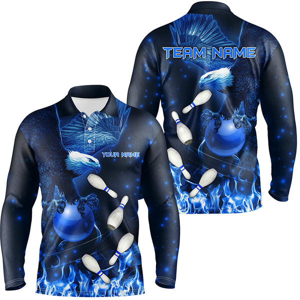 Blue Flame Eagle Bowling Polo, Quarter zip shirts For Men Custom Blue Fire Team Bowling Jerseys NQS8988