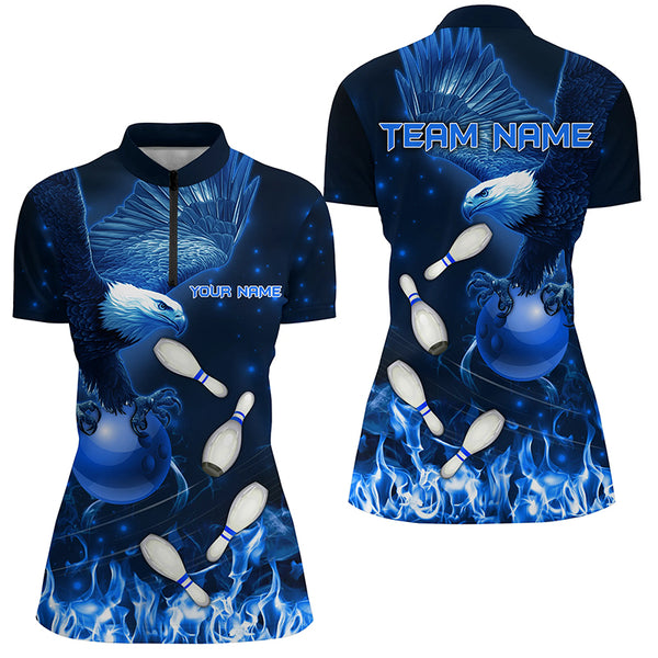 Blue Flame Eagle Bowling Polo, Quarter zip shirts For Women Custom Blue Fire Team Bowling Jerseys NQS8988