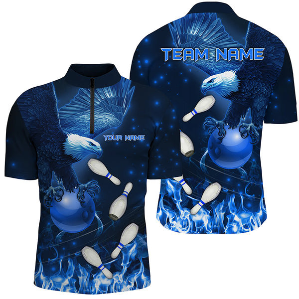 Blue Flame Eagle Bowling Polo, Quarter zip shirts For Men Custom Blue Fire Team Bowling Jerseys NQS8988