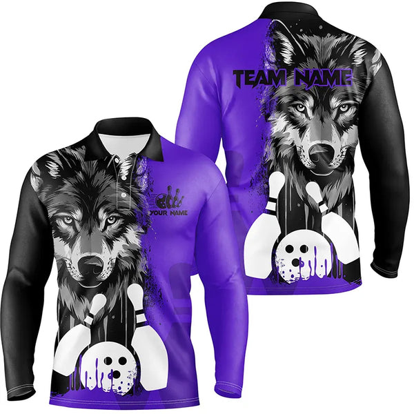 Black and Purple Wolf Bowling Polo, Quarter Zip Shirts For Men Custom Bowling Team League Jerseys NQS8993