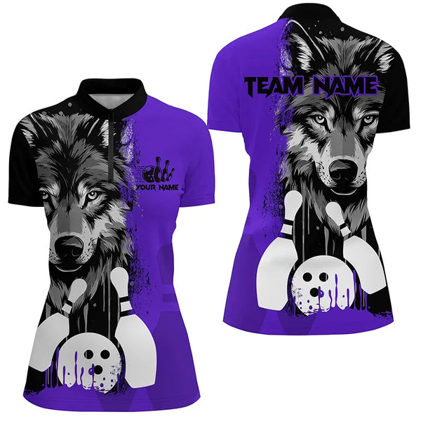 Black and Purple Wolf Bowling Polo, Quarter Zip Shirts For Women Custom Bowling Team League Jerseys NQS8993