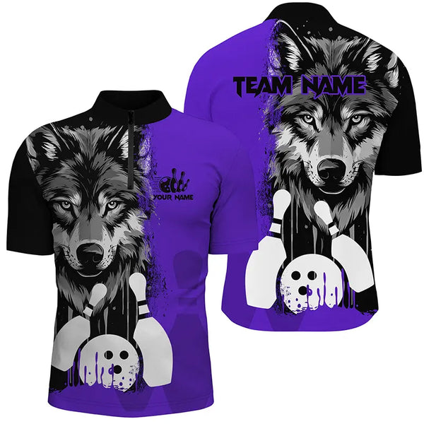 Black and Purple Wolf Bowling Polo, Quarter Zip Shirts For Men Custom Bowling Team League Jerseys NQS8993